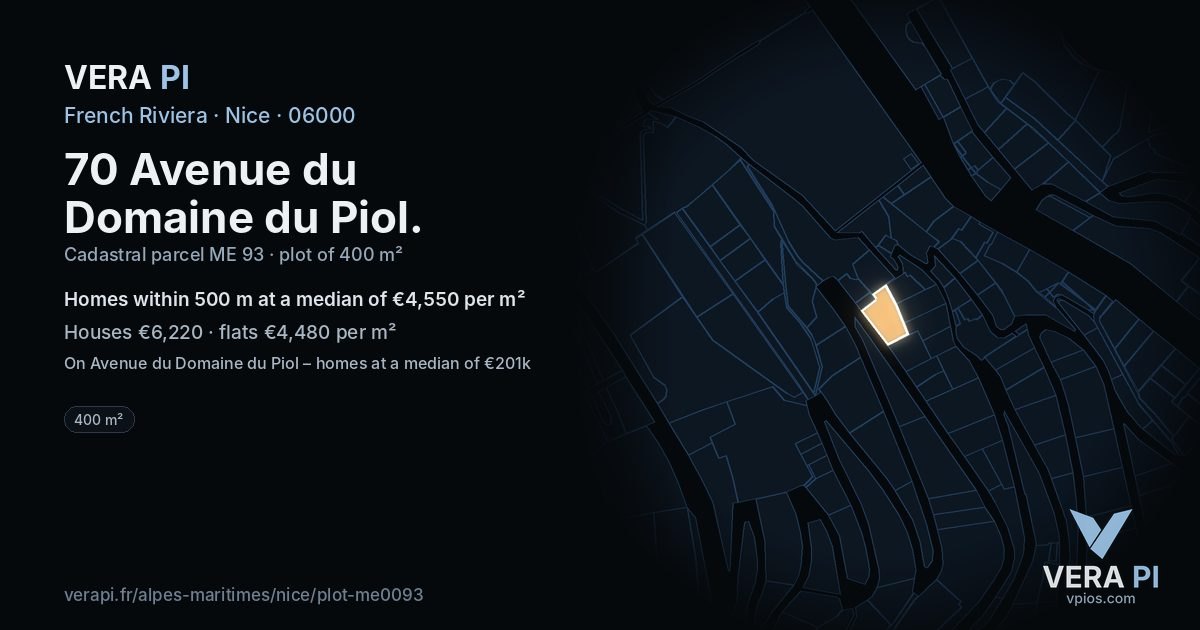 70 Avenue du Domaine du Piol, Nice at night – the plot lit, the parcels around coloured by the prices near them