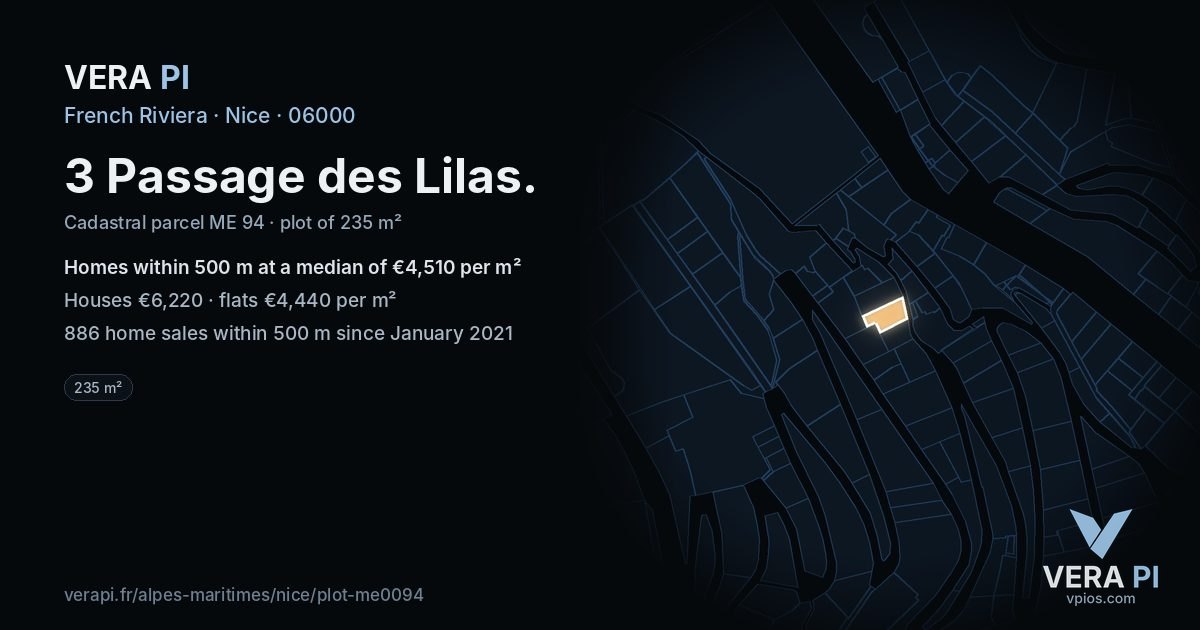 3 Passage des Lilas, Nice at night – the plot lit, the parcels around coloured by the prices near them
