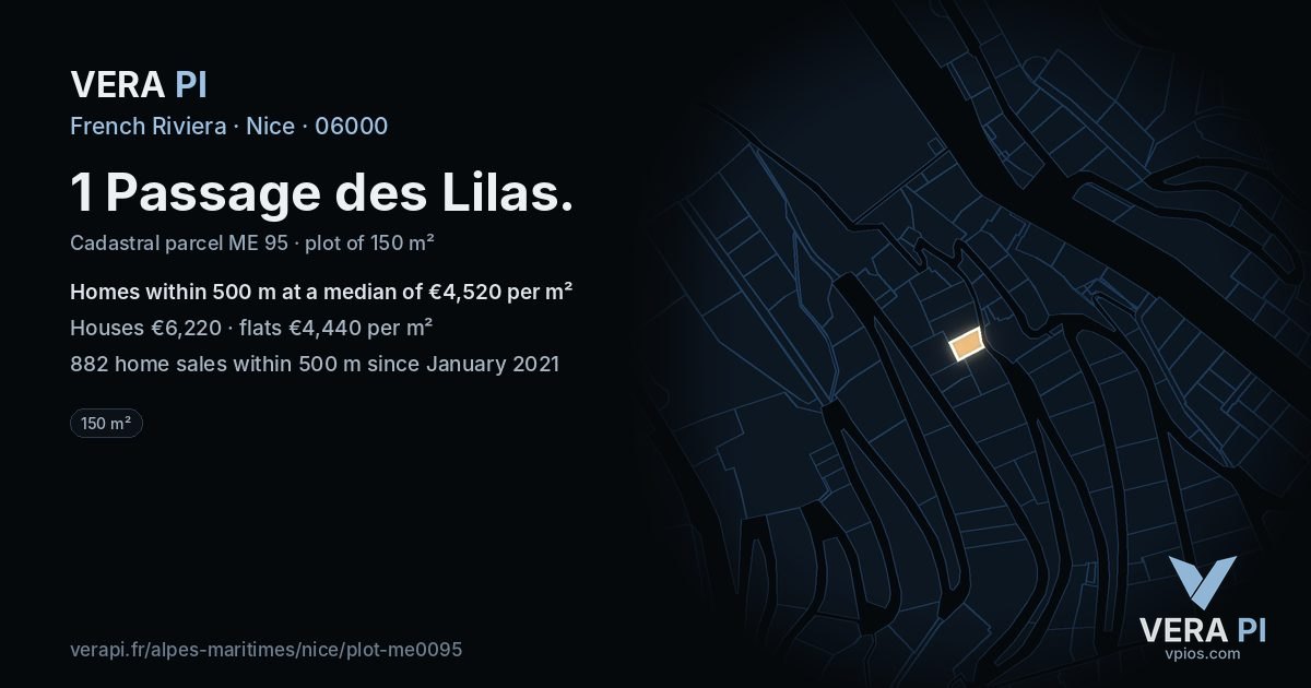 1 Passage des Lilas, Nice at night – the plot lit, the parcels around coloured by the prices near them