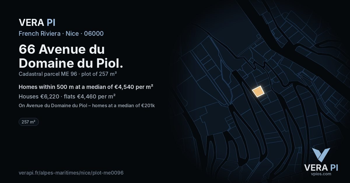 66 Avenue du Domaine du Piol, Nice at night – the plot lit, the parcels around coloured by the prices near them