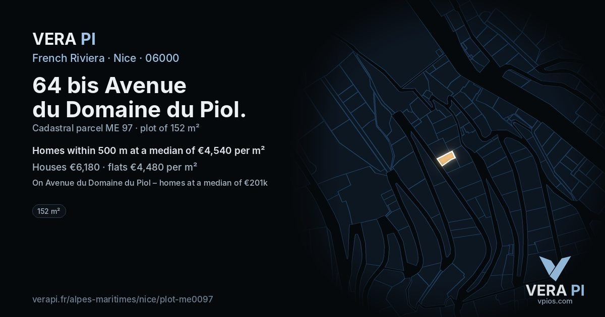 64 bis Avenue du Domaine du Piol, Nice at night – the plot lit, the parcels around coloured by the prices near them