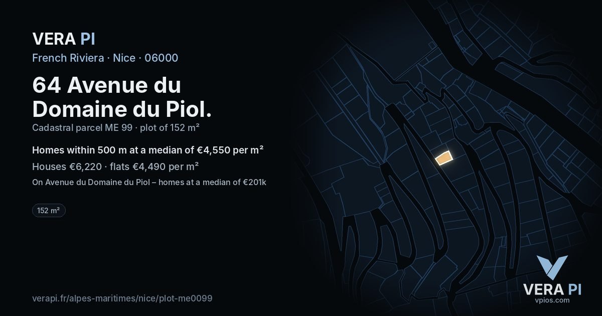 64 Avenue du Domaine du Piol, Nice at night – the plot lit, the parcels around coloured by the prices near them