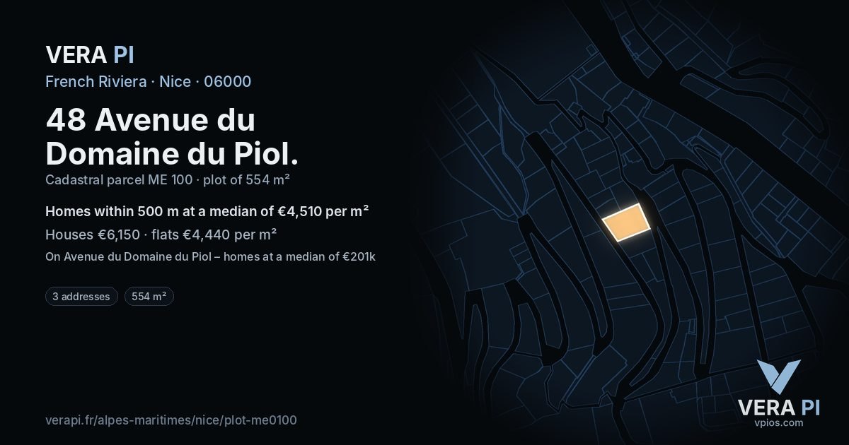 48 Avenue du Domaine du Piol, Nice at night – the plot lit, the parcels around coloured by the prices near them
