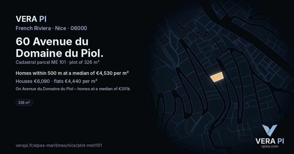 60 Avenue du Domaine du Piol, Nice at night – the plot lit, the parcels around coloured by the prices near them