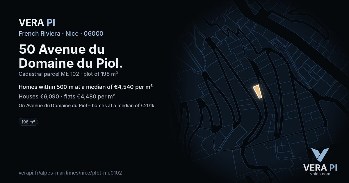 50 Avenue du Domaine du Piol, Nice at night – the plot lit, the parcels around coloured by the prices near them