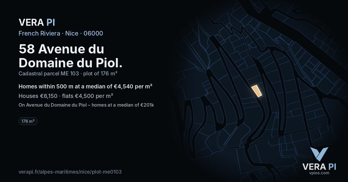 58 Avenue du Domaine du Piol, Nice at night – the plot lit, the parcels around coloured by the prices near them
