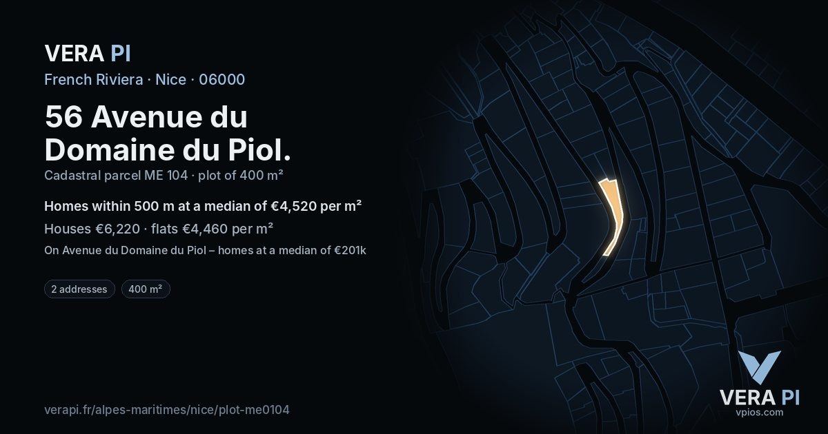 56 Avenue du Domaine du Piol, Nice at night – the plot lit, the parcels around coloured by the prices near them