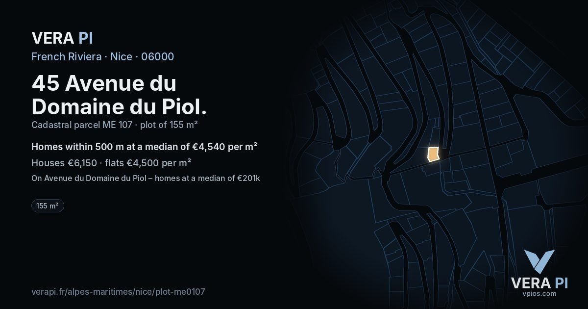 45 Avenue du Domaine du Piol, Nice at night – the plot lit, the parcels around coloured by the prices near them