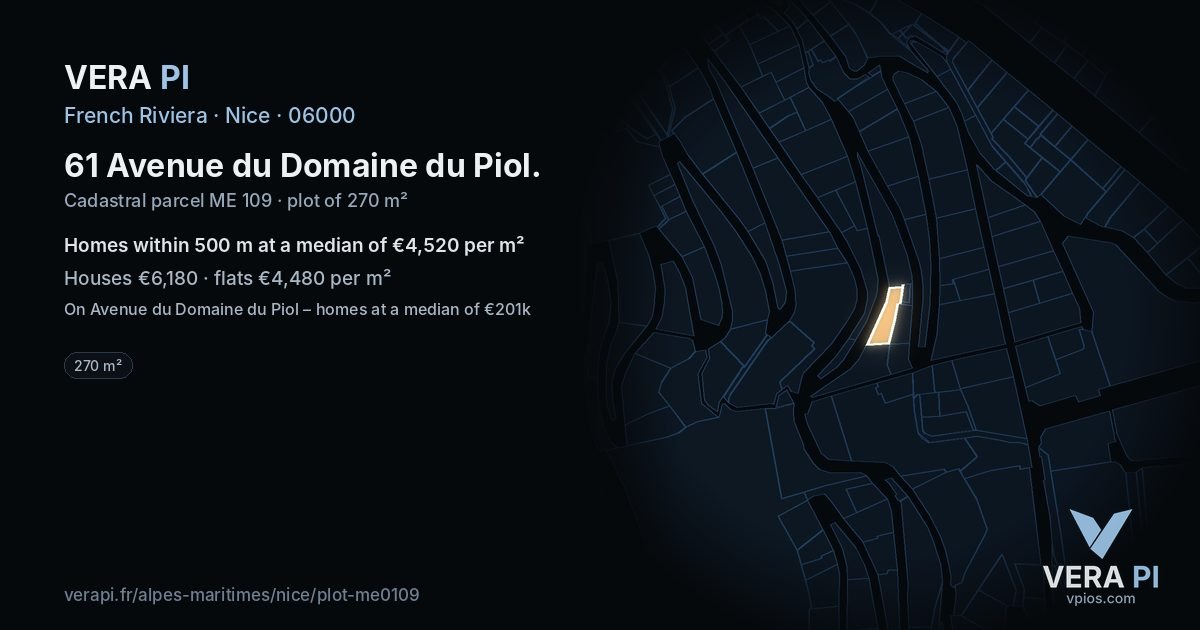 61 Avenue du Domaine du Piol, Nice at night – the plot lit, the parcels around coloured by the prices near them