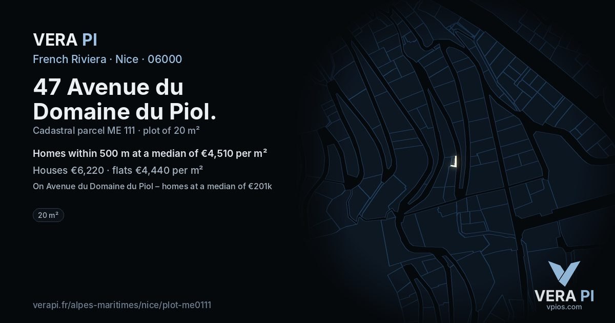 47 Avenue du Domaine du Piol, Nice at night – the plot lit, the parcels around coloured by the prices near them
