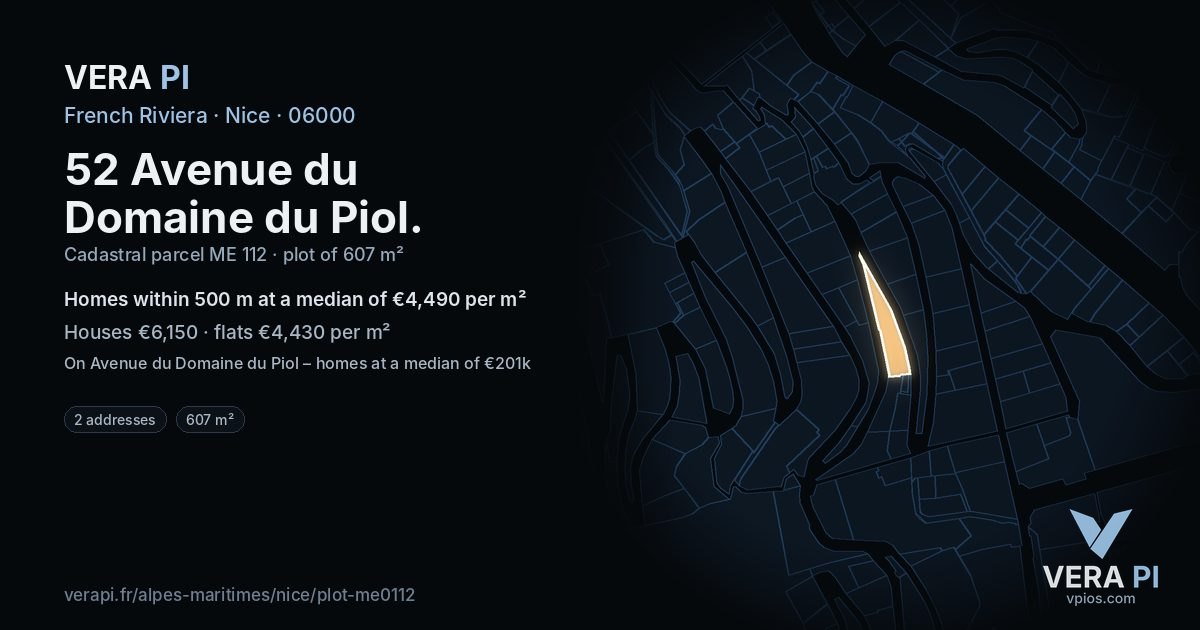 52 Avenue du Domaine du Piol, Nice at night – the plot lit, the parcels around coloured by the prices near them