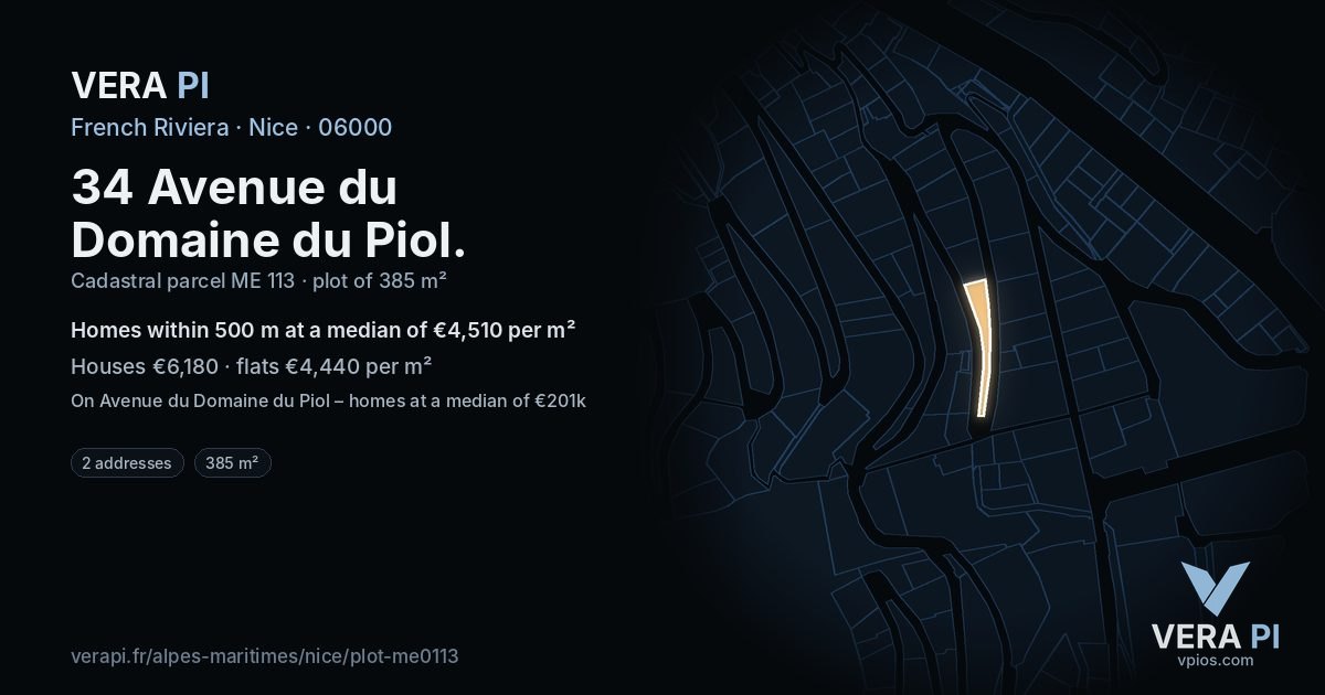 34 Avenue du Domaine du Piol, Nice at night – the plot lit, the parcels around coloured by the prices near them