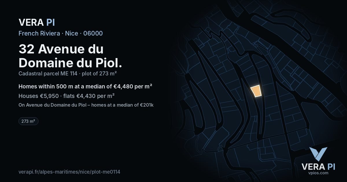 32 Avenue du Domaine du Piol, Nice at night – the plot lit, the parcels around coloured by the prices near them