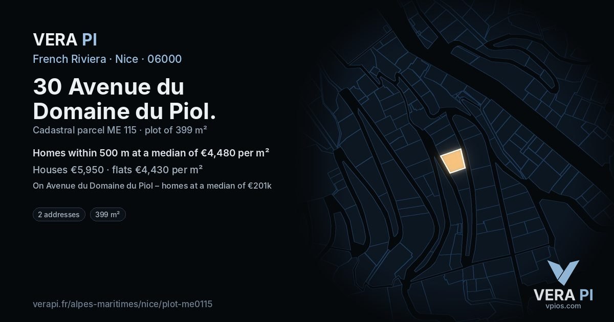 30 Avenue du Domaine du Piol, Nice at night – the plot lit, the parcels around coloured by the prices near them
