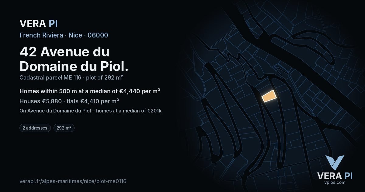 42 Avenue du Domaine du Piol, Nice at night – the plot lit, the parcels around coloured by the prices near them