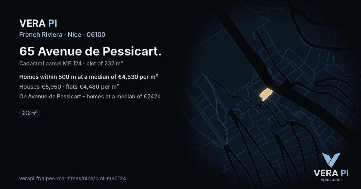 65 Avenue de Pessicart, Nice at night – the plot lit, the parcels around coloured by the prices near them