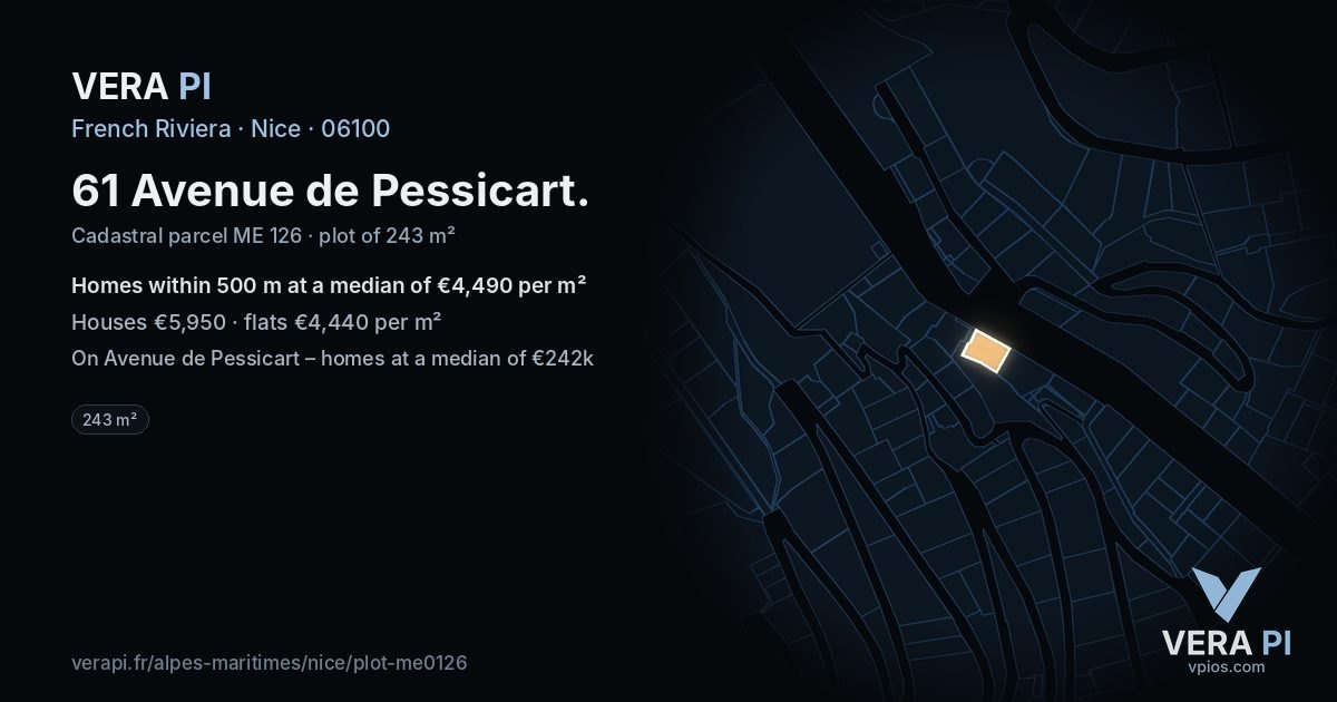 61 Avenue de Pessicart, Nice at night – the plot lit, the parcels around coloured by the prices near them