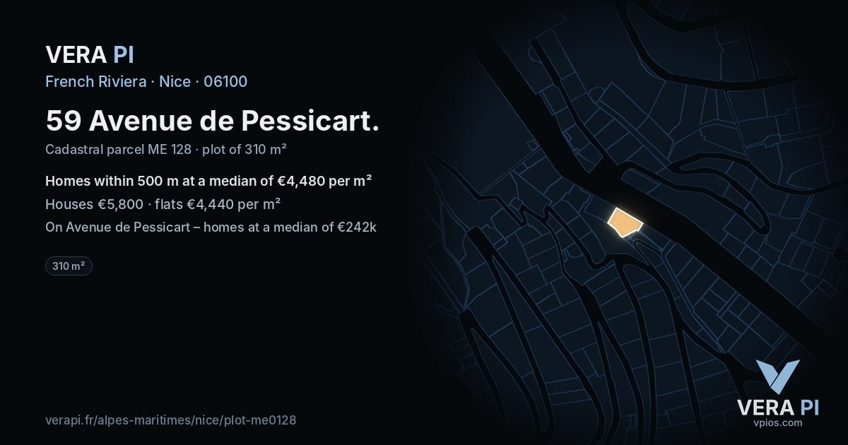 59 Avenue de Pessicart, Nice at night – the plot lit, the parcels around coloured by the prices near them