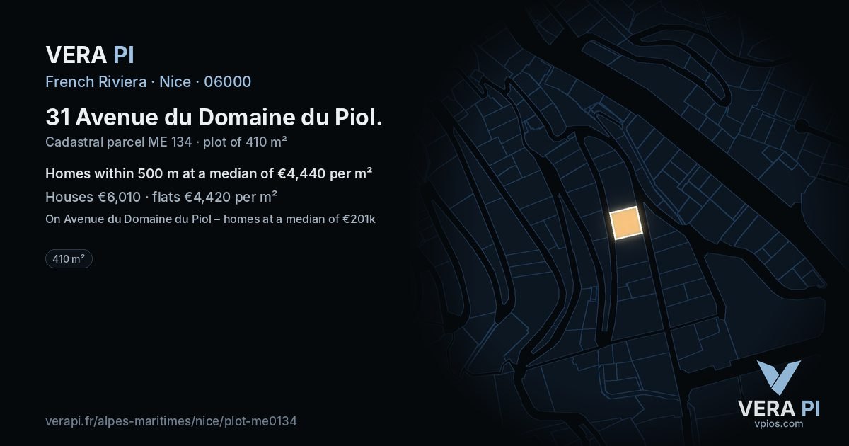31 Avenue du Domaine du Piol, Nice at night – the plot lit, the parcels around coloured by the prices near them