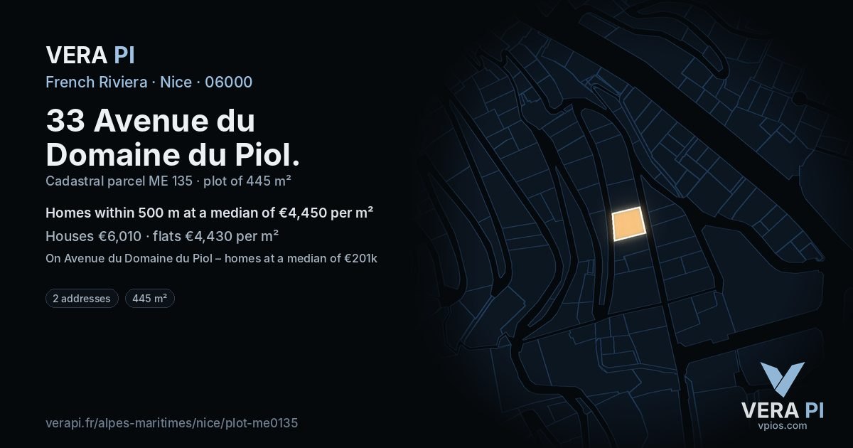 33 Avenue du Domaine du Piol, Nice at night – the plot lit, the parcels around coloured by the prices near them