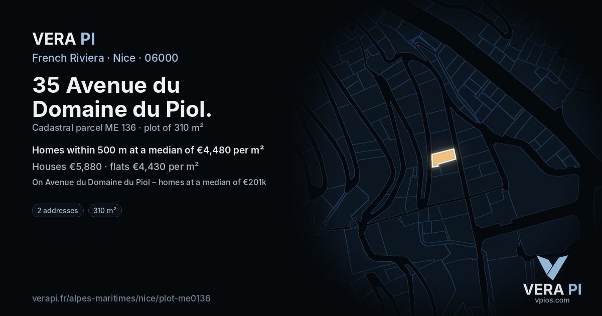 35 Avenue du Domaine du Piol, Nice at night – the plot lit, the parcels around coloured by the prices near them