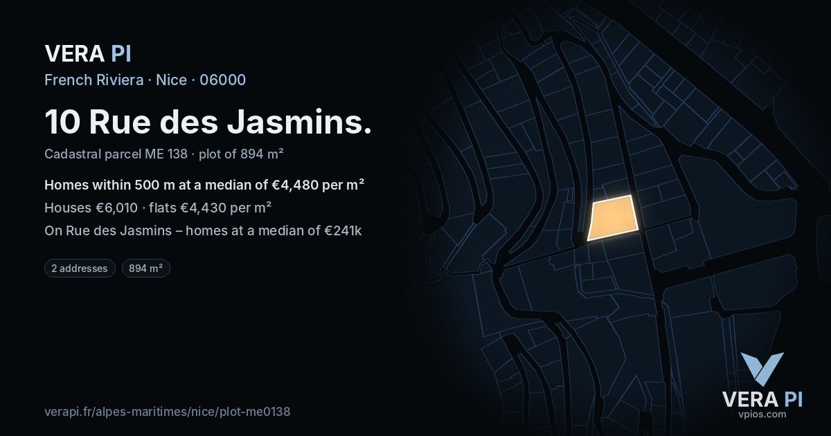 10 Rue des Jasmins, Nice at night – the plot lit, the parcels around coloured by the prices near them