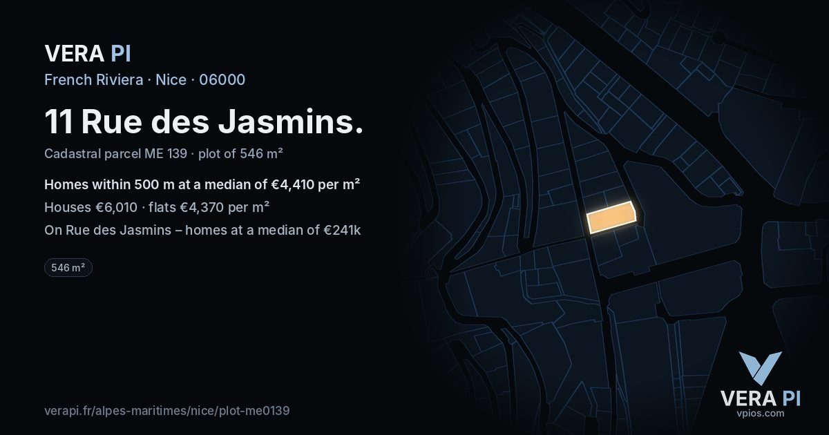 11 Rue des Jasmins, Nice at night – the plot lit, the parcels around coloured by the prices near them