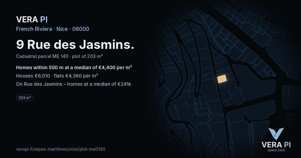 9 Rue des Jasmins, Nice at night – the plot lit, the parcels around coloured by the prices near them