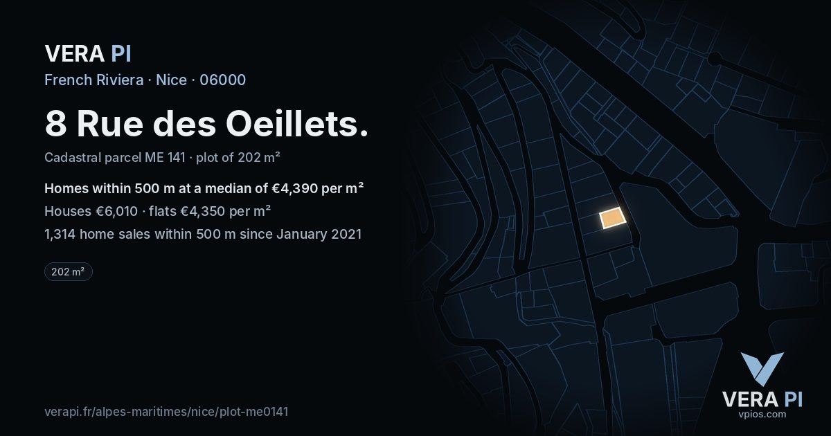 8 Rue des Oeillets, Nice at night – the plot lit, the parcels around coloured by the prices near them