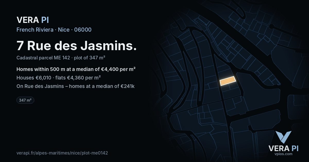 7 Rue des Jasmins, Nice at night – the plot lit, the parcels around coloured by the prices near them