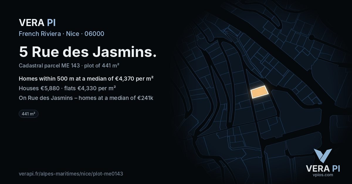 5 Rue des Jasmins, Nice at night – the plot lit, the parcels around coloured by the prices near them