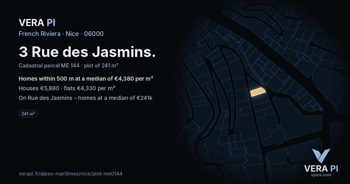 3 Rue des Jasmins, Nice at night – the plot lit, the parcels around coloured by the prices near them