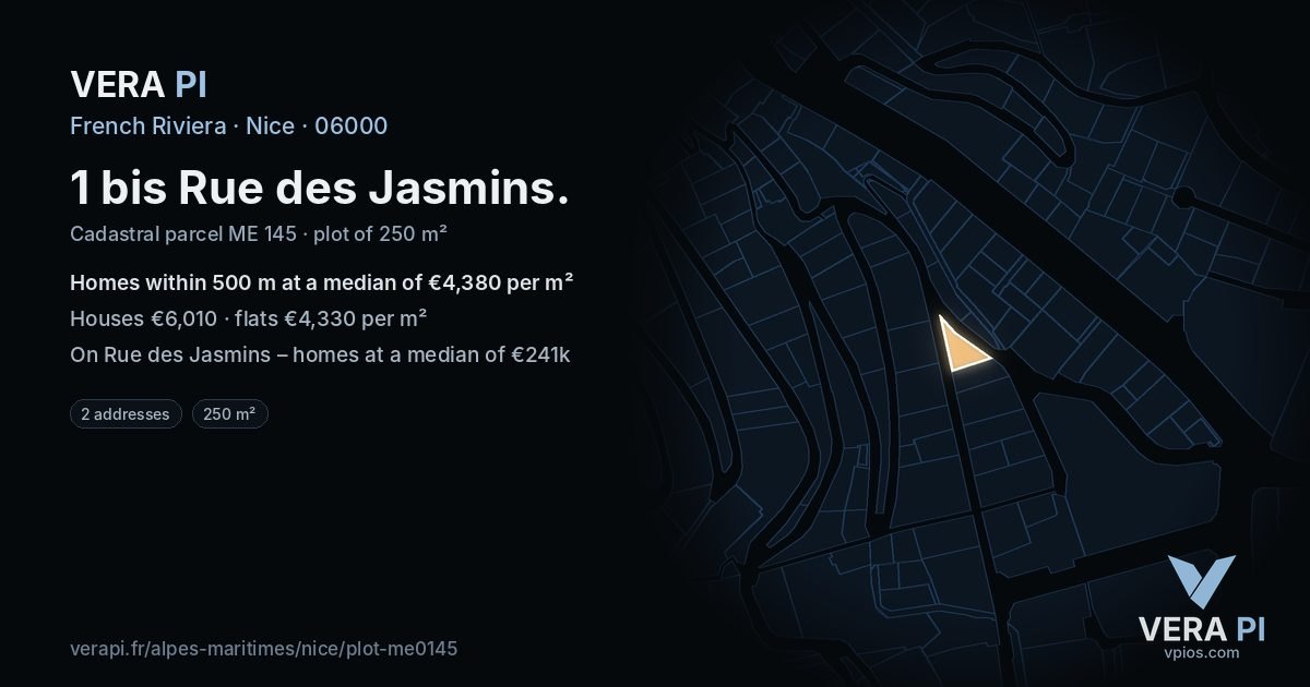 1 bis Rue des Jasmins, Nice at night – the plot lit, the parcels around coloured by the prices near them