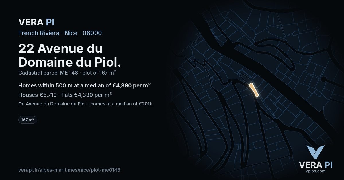 22 Avenue du Domaine du Piol, Nice at night – the plot lit, the parcels around coloured by the prices near them