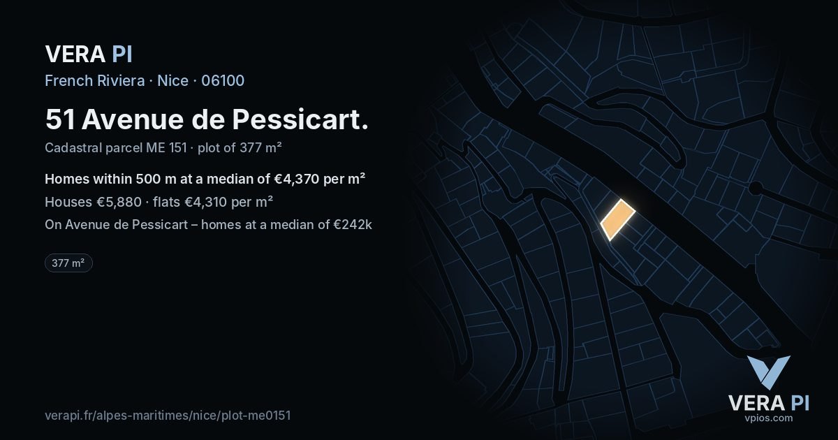 51 Avenue de Pessicart, Nice at night – the plot lit, the parcels around coloured by the prices near them