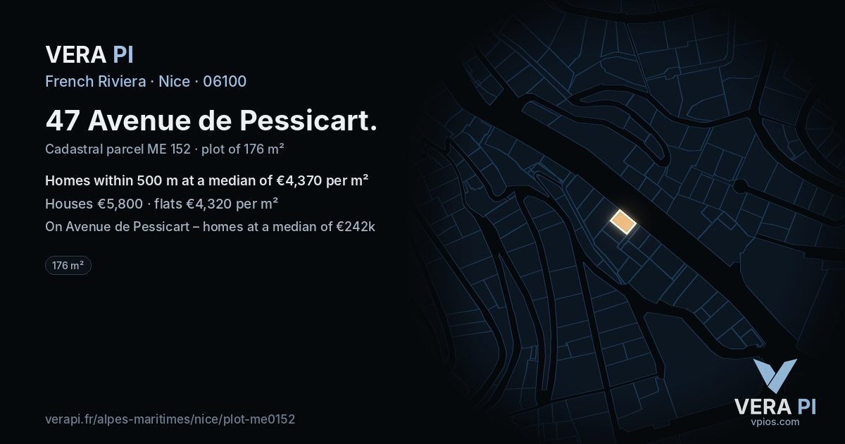 47 Avenue de Pessicart, Nice at night – the plot lit, the parcels around coloured by the prices near them