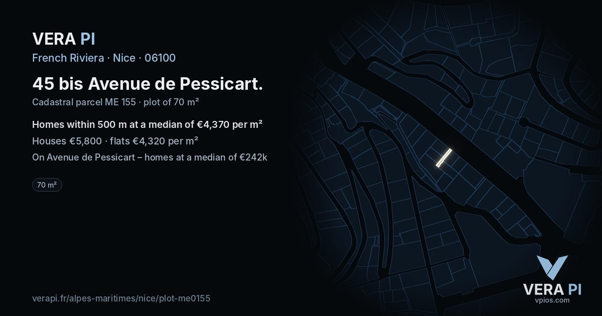 45 bis Avenue de Pessicart, Nice at night – the plot lit, the parcels around coloured by the prices near them