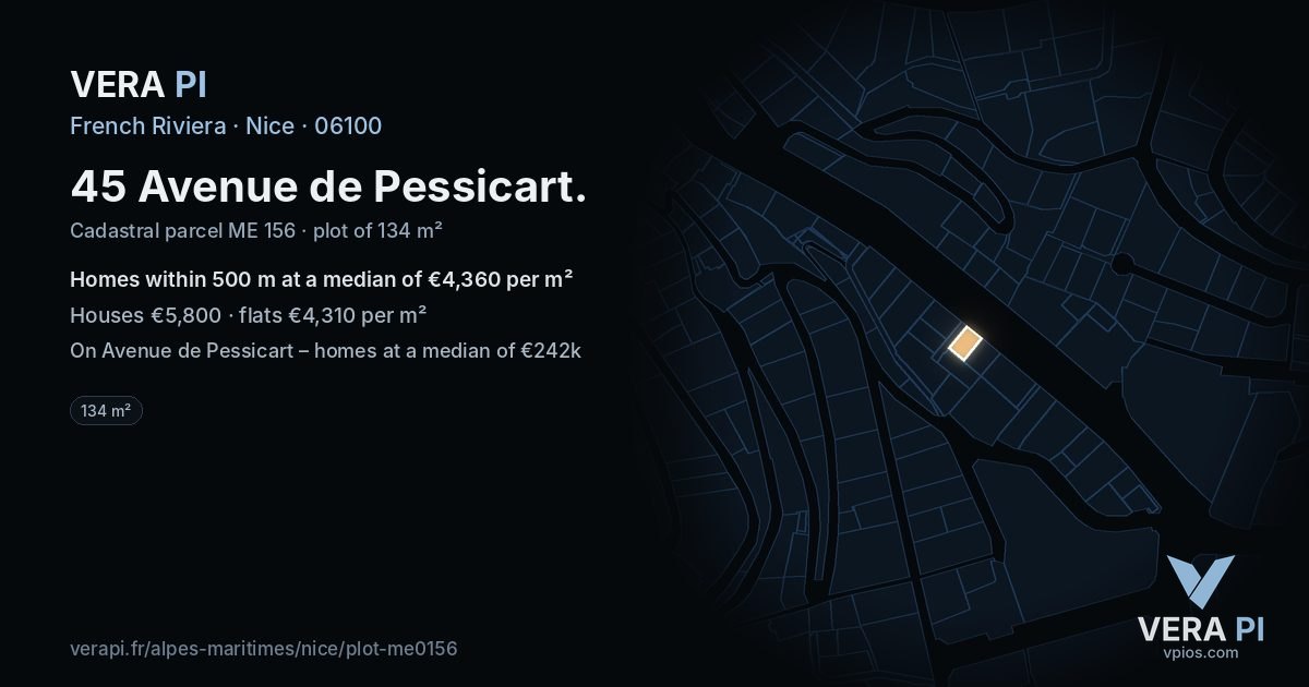 45 Avenue de Pessicart, Nice at night – the plot lit, the parcels around coloured by the prices near them
