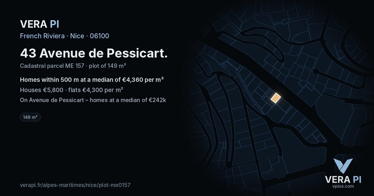 43 Avenue de Pessicart, Nice at night – the plot lit, the parcels around coloured by the prices near them