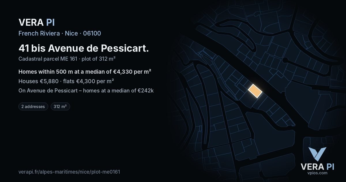 41 bis Avenue de Pessicart, Nice at night – the plot lit, the parcels around coloured by the prices near them
