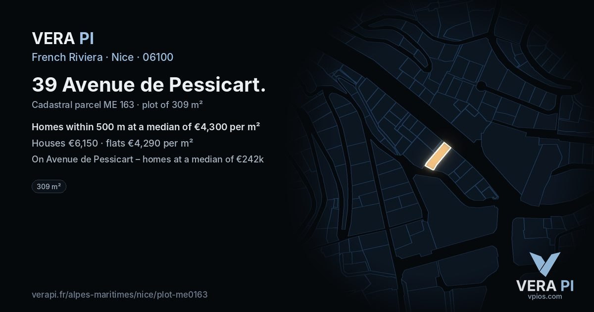 39 Avenue de Pessicart, Nice at night – the plot lit, the parcels around coloured by the prices near them