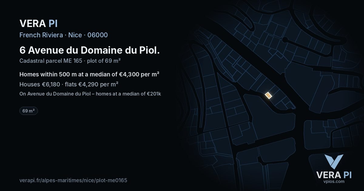 6 Avenue du Domaine du Piol, Nice at night – the plot lit, the parcels around coloured by the prices near them
