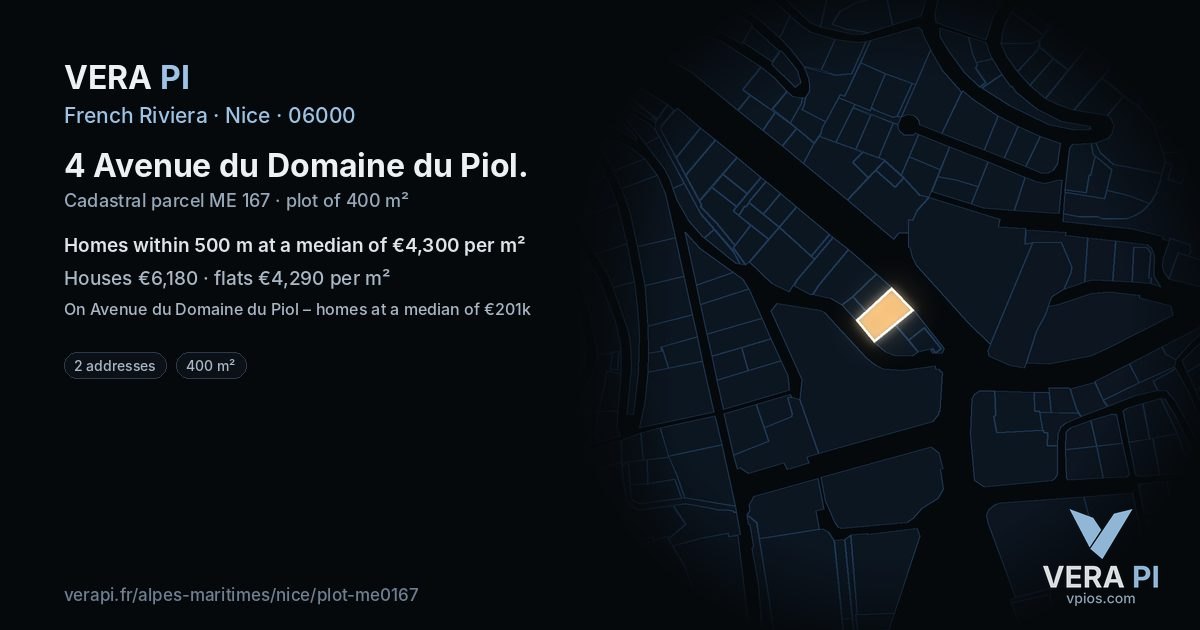 4 Avenue du Domaine du Piol, Nice at night – the plot lit, the parcels around coloured by the prices near them