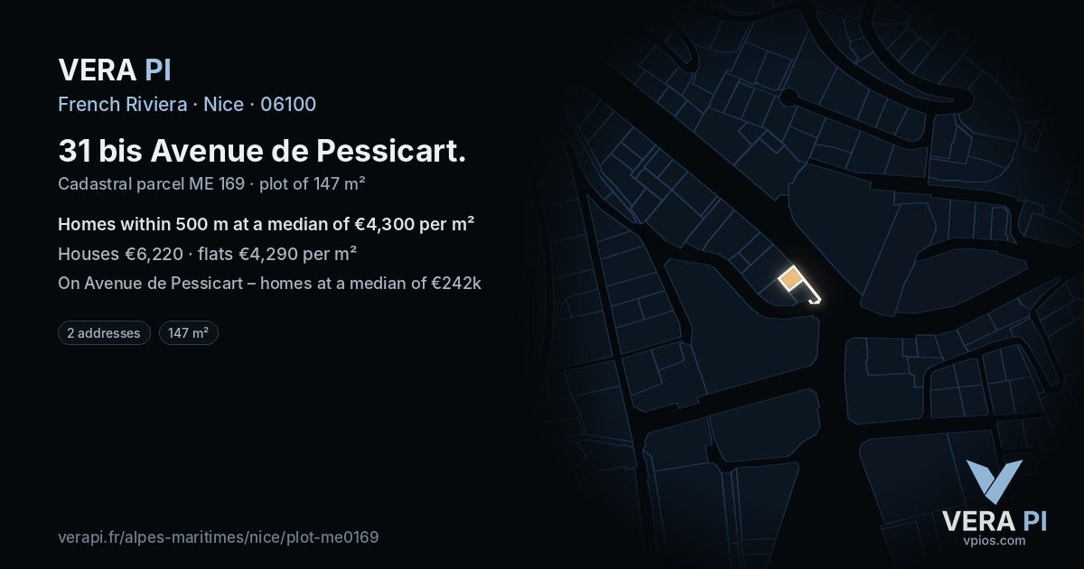 31 bis Avenue de Pessicart, Nice at night – the plot lit, the parcels around coloured by the prices near them