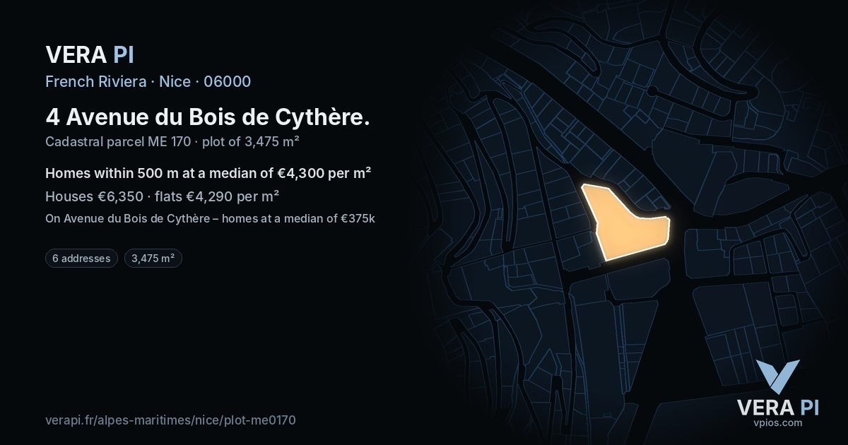 4 Avenue du Bois de Cythère, Nice at night – the plot lit, the parcels around coloured by the prices near them