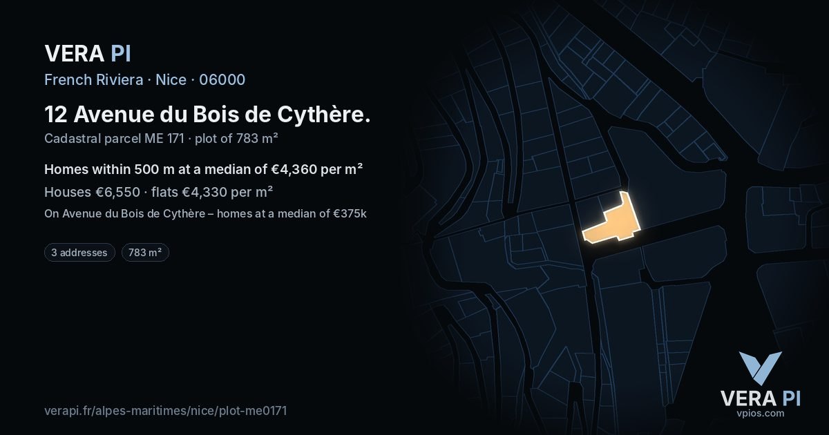 12 Avenue du Bois de Cythère, Nice at night – the plot lit, the parcels around coloured by the prices near them