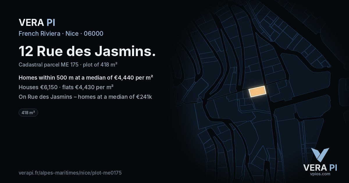 12 Rue des Jasmins, Nice at night – the plot lit, the parcels around coloured by the prices near them