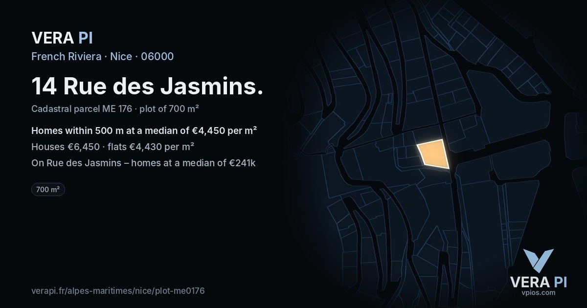 14 Rue des Jasmins, Nice at night – the plot lit, the parcels around coloured by the prices near them