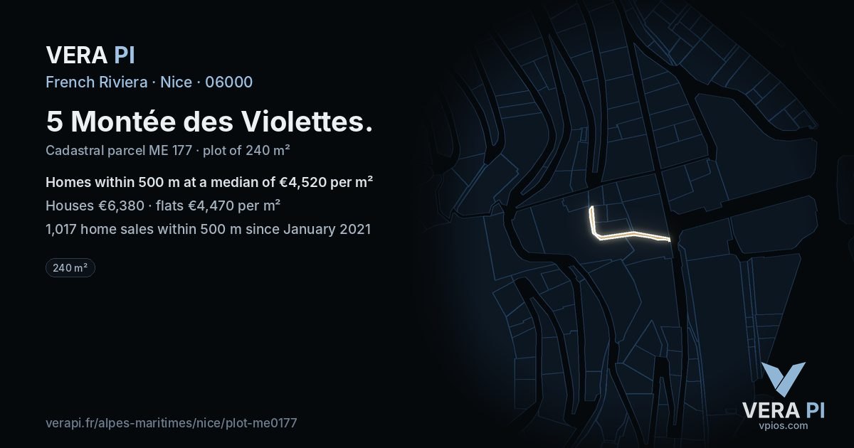 5 Montée des Violettes, Nice at night – the plot lit, the parcels around coloured by the prices near them