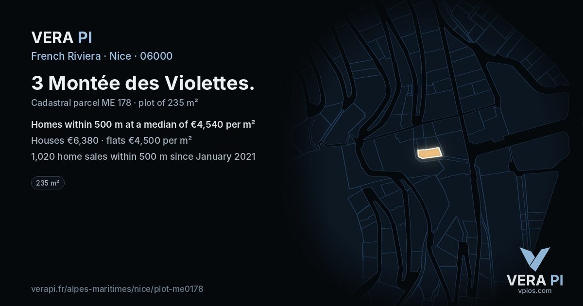 3 Montée des Violettes, Nice at night – the plot lit, the parcels around coloured by the prices near them